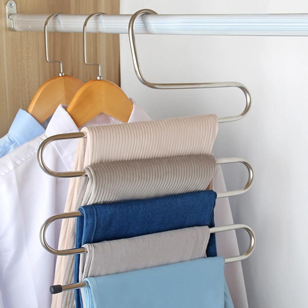 S Shaped Pants Hanger Space Saving Non-Slip Stainless Steel Clothes Organizer 5 Layered Rack for Scarf Jeans Trouser